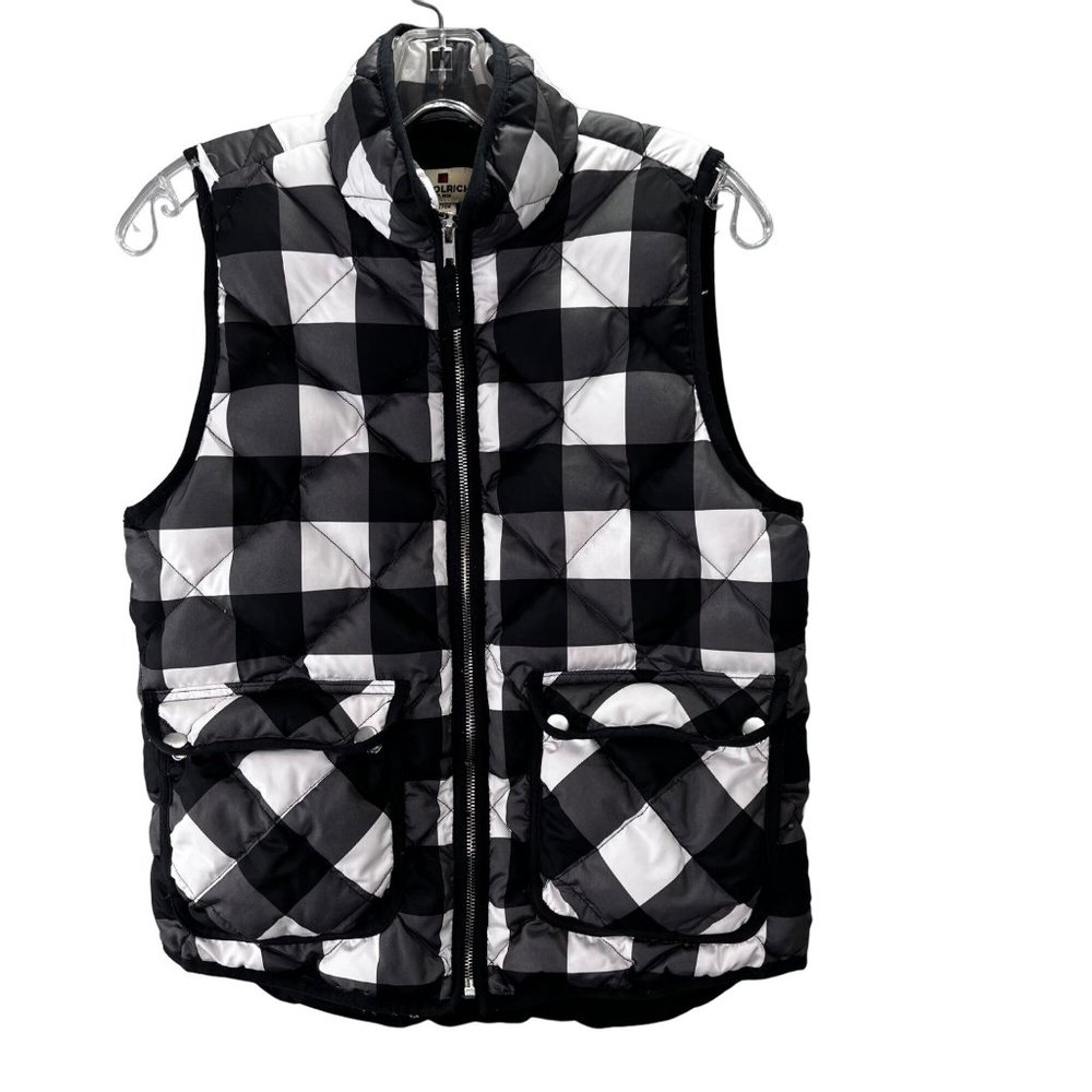 Woolrich Down Filled Puffer Vest size S Women Black White Buffalo Check Plaid